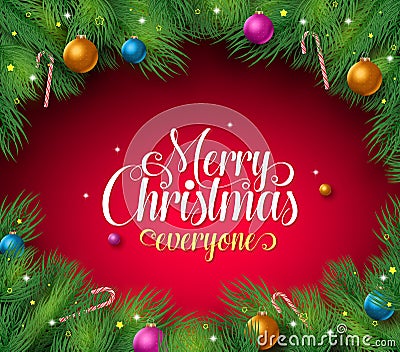 Merry christmas text in a red background with pine leaves boarder and frame Vector Illustration