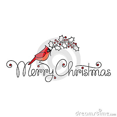 Merry christmas text with red robin bird and branch Vector Illustration