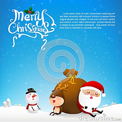 Merry christmas text and santa claus cartoon sleepping with gift Vector Illustration