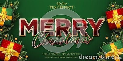 Merry christmas text, shiny rose gold color style editable text effect on green background Vector Illustration