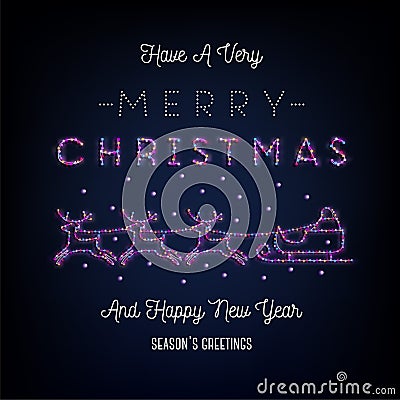 Merry Christmas text, template design letter template, Christmas lights. Bright glowing banner, neon lights, night congratulation. Vector Illustration