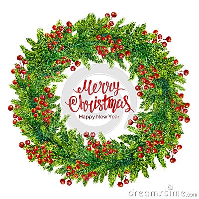 Merry christmas text with watercolor wreath of fir branches Stock Photo
