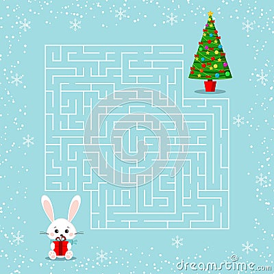 Merry Christmas theme maze game for the children with a labyrinth. Cartoon bunny with gift and christmas tree Vector Illustration