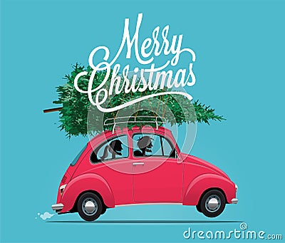 Merry Christmas Themed Illustration of side view cartoon styled vintage red car with Christmas Tree. Vector Illustration. Vector Illustration