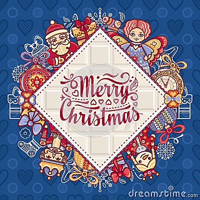 Merry Christmas toys. Greeting card. Vector Illustration