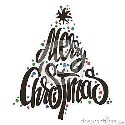 Merry Christmas tree handmade lettering Vector Illustration