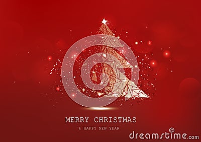 Merry Christmas, tree polygon, confetti, golden glowing particles scatter, poster, postcard red luxury background seasonal holiday Vector Illustration