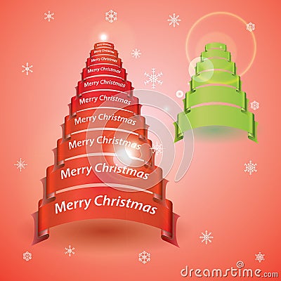 Merry christmas tree from red or green ribbon banners Vector Illustration