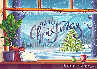 Merry Christmas tree - view from the window Vector Illustration