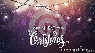 Merry Christmas Typographical on dark background with Xmas decorations glowing white garlands, light, stars. Stock Photo