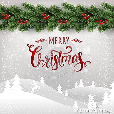 Merry Christmas typographical on white background with garland of Christmas tree branches, winter landscape, snowflakes, light Stock Photo