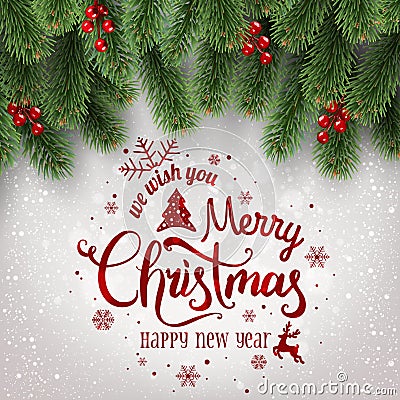 Merry Christmas Typographical on white background with tree branches decorated with berries, lights, snowflakes. Stock Photo