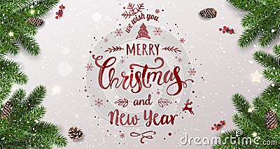 Merry Christmas Typographical on white background with tree branches, berries, gift boxes, stars, pine cones. Xmas and New Year Stock Photo