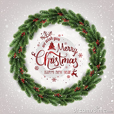 Merry Christmas Typographical on white background with Christmas wreath of tree branches, berries, lights, snowflakes Stock Photo