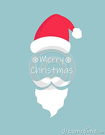 Merry christmas typography greeting card with christmas hat and santa claus white beard and moustache on blue background. Simple Vector Illustration