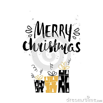 Merry Christmas unique holiday handwritten lettering and gifts. Winter modern greeting card with gifts. Vector Illustration. Vector Illustration