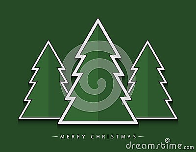 Merry Christmas! Vector abstract geometric green Christmas trees with black and white outline on a green background. Vector Illustration