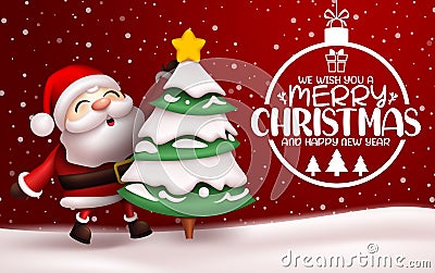 Merry christmas vector banner background. Merry christmas typography text with santa claus character decorating xmas tree. Vector Illustration