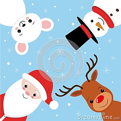 Merry christmas vector banner design with christmas character like santa claus, reindeer, mouse and snowman. Vector Illustration