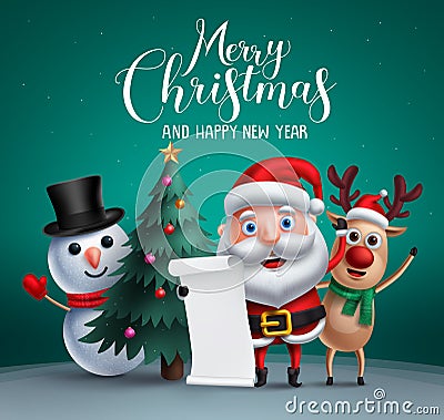 Merry christmas vector banner design with christmas character like santa claus, reindeer and snowman Vector Illustration