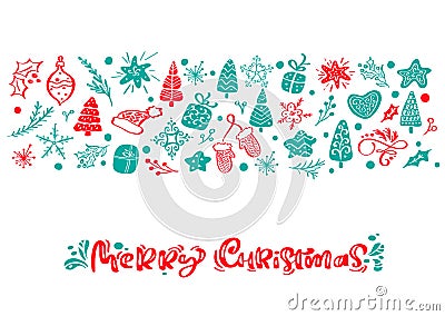 Merry Christmas vector calligraphy lettering text. Xmas scandinavian greeting card. Hand drawn illustration of a cute Vector Illustration