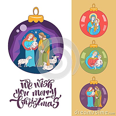 Merry Christmas. Vector greeting card. Virgin Mary, baby Jesus a Vector Illustration