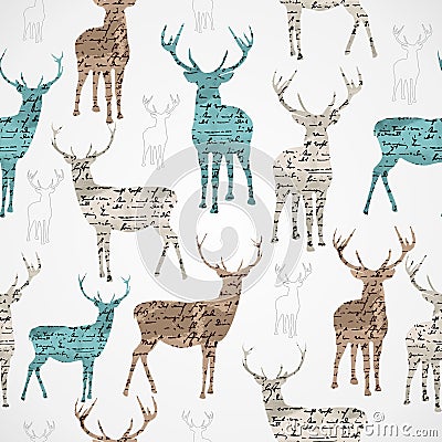 Merry Christmas vintage reindeer grunge seamless pattern. Vector Illustration