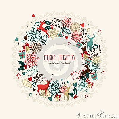 Merry Christmas vintage wreath card Vector Illustration