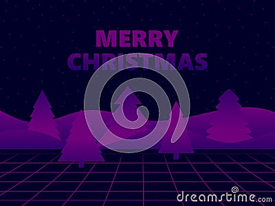 Merry Christmas. Virtual reality with grid and Christmas trees with purple gradient. Synthwave and retrowave style. Design of a Vector Illustration