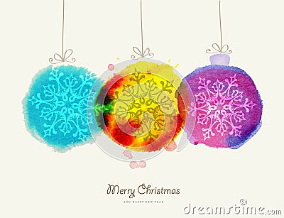 Merry Christmas watercolor baubles card Vector Illustration