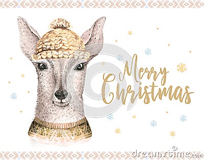 Merry Christmas watercolor card with fawl. Baby deer Happy New Year lettering posters. Nursery winter swowflakes and Stock Photo