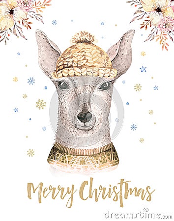 Merry Christmas watercolor card with fawl. Baby deer Happy New Year lettering posters. Nursery winter swowflakes and Stock Photo