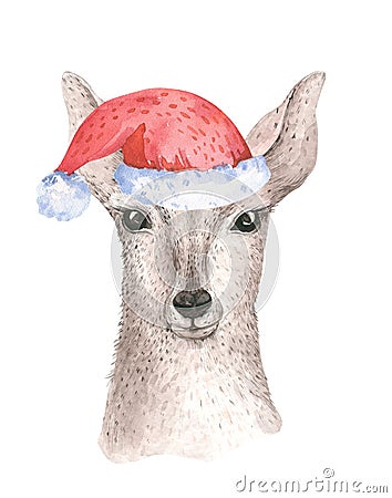 Merry Christmas watercolor card with fawl. Baby deer Happy New Year lettering posters. Nursery winter swowflakes and Stock Photo