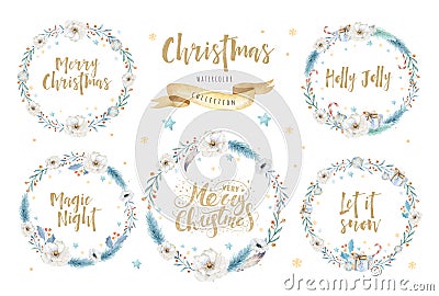 Merry Christmas watercolor cards with floral elements. Happy New Year lettering posters. Winter xmas flower and branch Stock Photo