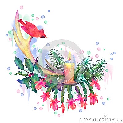 Merry Christmas Watercolor Drawing Stock Photo