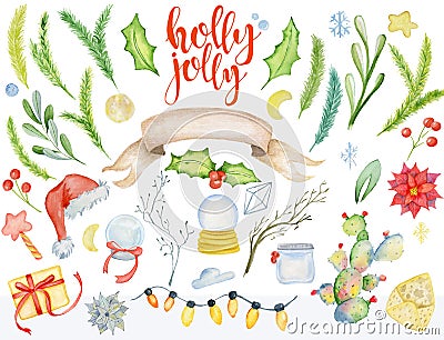 Merry Christmas watercolor floral winter elements. Happy New Year card, posters. Flowers, spruce branches and mistletoe branches Stock Photo