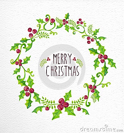 Merry Christmas watercolor holly berry wreath card Vector Illustration