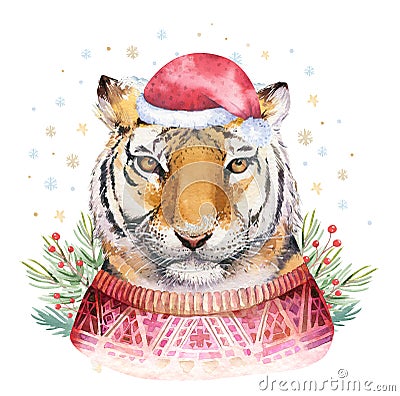 Merry Christmas watercolor lettering with isolated cute cartoon watercolor fun Siberian tiger illustration. Hand drawing Cartoon Illustration