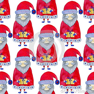 Merry Christmas watercolor print design. Santa seamless pattern. Gift wrapping paper. Stock Photo