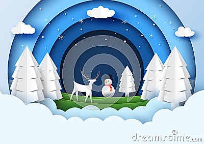 Merry christmas and Winter season landscape background paper art Vector Illustration