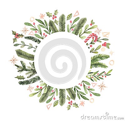 Merry Christmas. Winter Watercolor circle label with snowflakes, holly, mistletoe, spruce branch. Hand drawn illustration. Cartoon Illustration