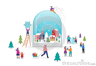 Merry Christmas, Winter wonderland scene in a snow globe with small people, young men and women, families having fun in Vector Illustration