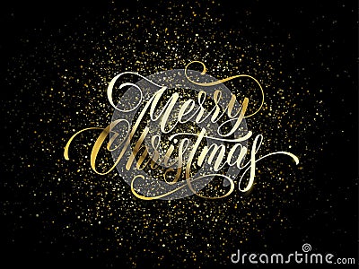 Merry Christmas wish greeting card of gold glitter confetti or sparkling fireworks on premium luxury black background. Vector gold Vector Illustration