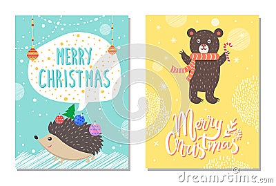 Merry Christmas Wishes from Hedgehog, Bear Candy Vector Illustration