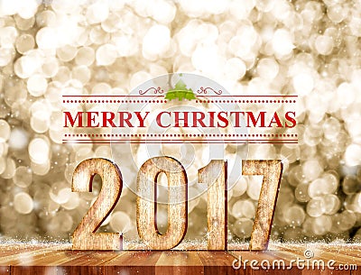 Merry Christmas 2017 word in perspective room with gold sparkling bokeh lights and wooden plank floor,leave space for display Stock Photo