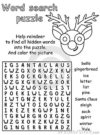 Merry Christmas word search puzzle black and white printable worksheet for kids vector illustration Vector Illustration