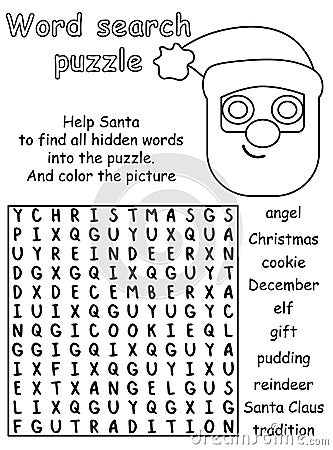Merry Christmas word search puzzle black and white vector illustration Vector Illustration