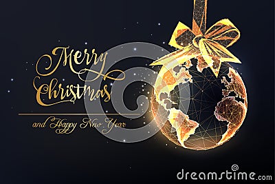 Merry Christmas World gold greeting card with planet Earth globe hanging Christmas ornament bauble Vector Illustration