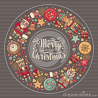 Merry Christmas wreath with Christmas toys. Vector Illustration