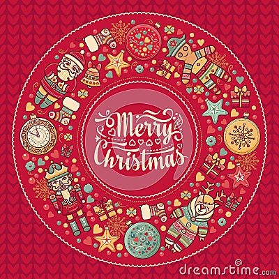 Merry Christmas wreath with Christmas toys. Vector Illustration